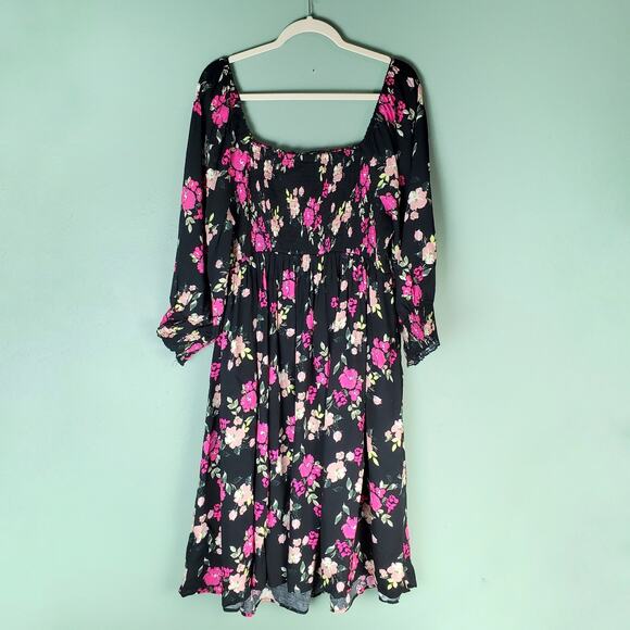 Torrid Womens Black Floral Print Challis Smocked Square Neck Midi Dress Size 2 - Picture 1 of 8